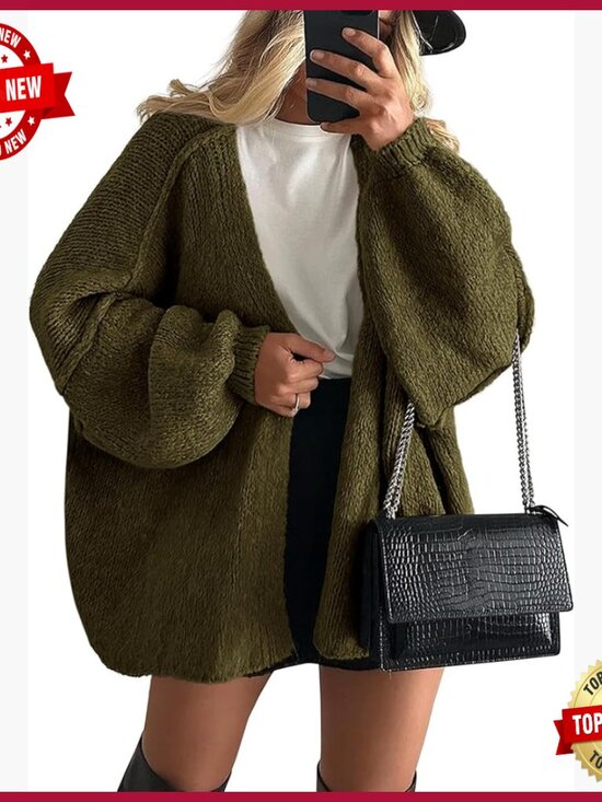 Sweaters - Oversized Cardigan Sweater Long Lantern Sleeve Open Front Lightweight Knit